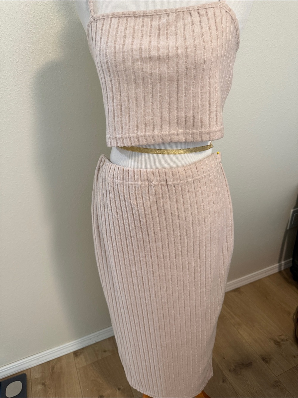 Ribbed Knit Midi Skirt in Light Blush